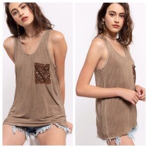 SEQUIN Pocket Low Neck Tank Top